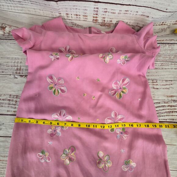 Vintage Silk Linen 8 Dress 10 Blazer Set Pink Pastel Embroidered Coquette Floral - Picture 13 of 16